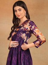 Purple Silk Blend Floral Printed Straight Kurti Pant With Dupatta