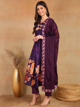 Purple Silk Blend Floral Printed Straight Kurta Trouser With Dupatta