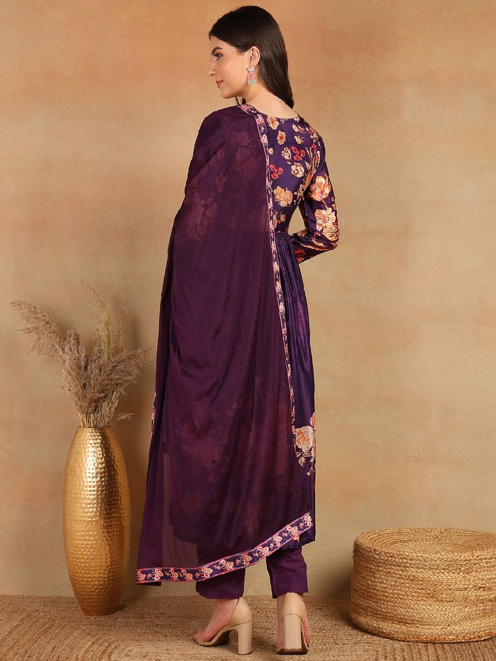 Purple Silk Blend Floral Printed Straight Kurta Trouser With Dupatta