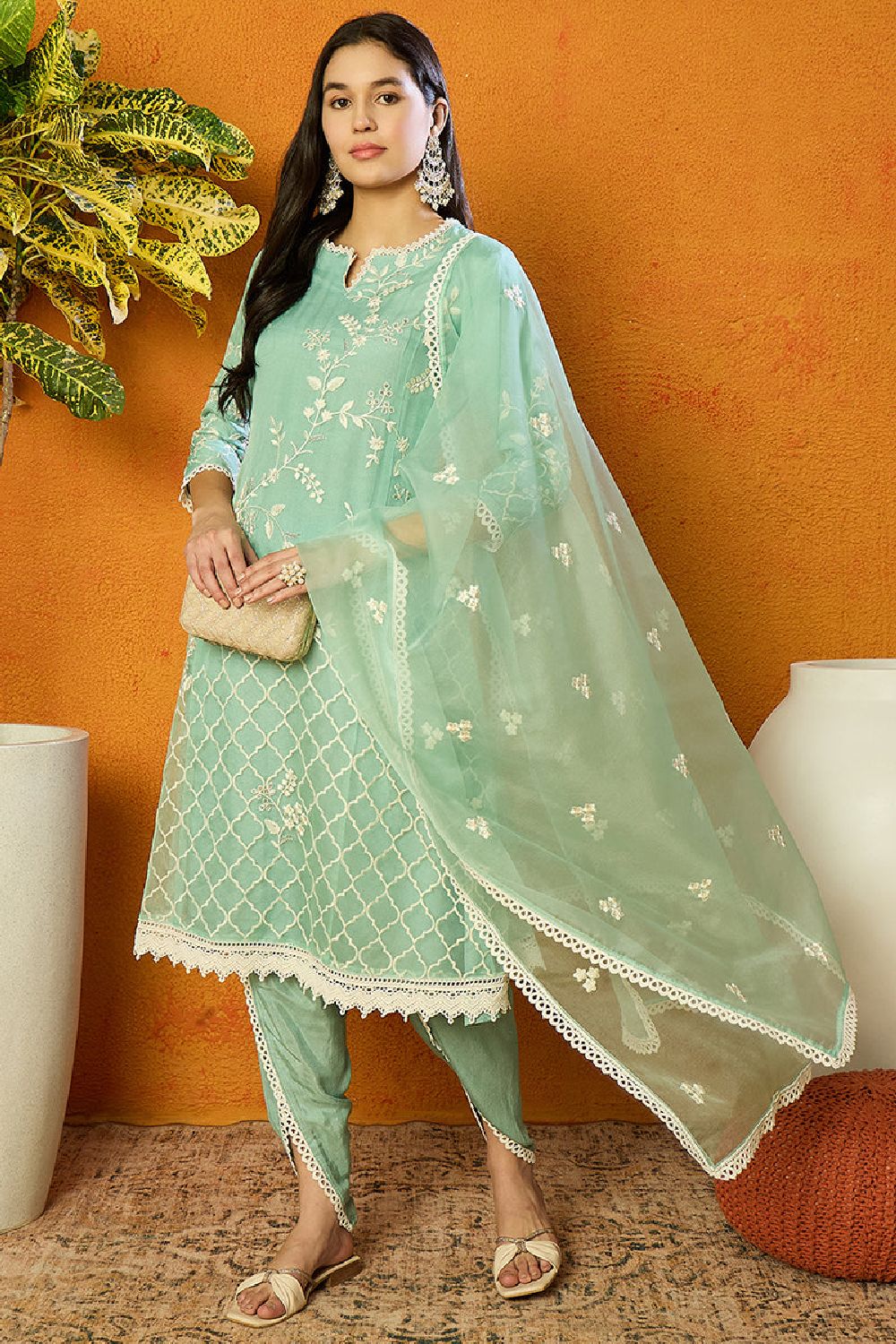 Sea Green Organza Solid Embroidered A Line Dhoti Style Suit Set