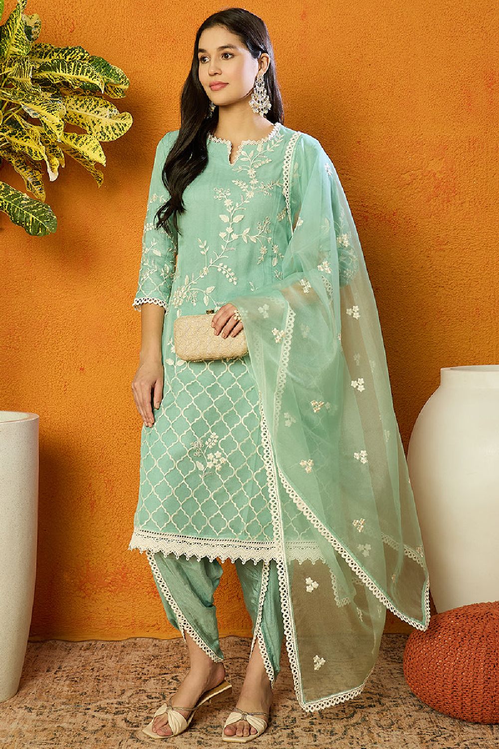 Sea Green Organza Solid Embroidered A Line Dhoti Style Suit Set