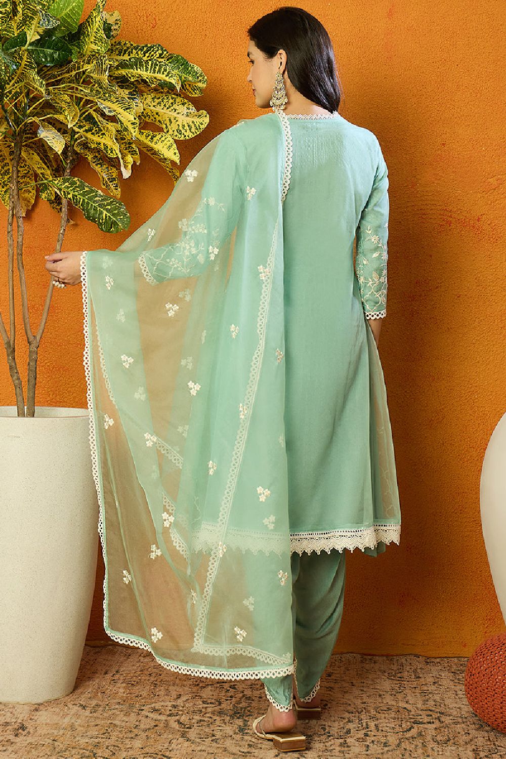 Sea Green Organza Solid Embroidered A Line Dhoti Style Suit Set