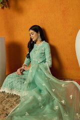 Sea Green Organza Solid Embroidered A Line Dhoti Style Suit Set