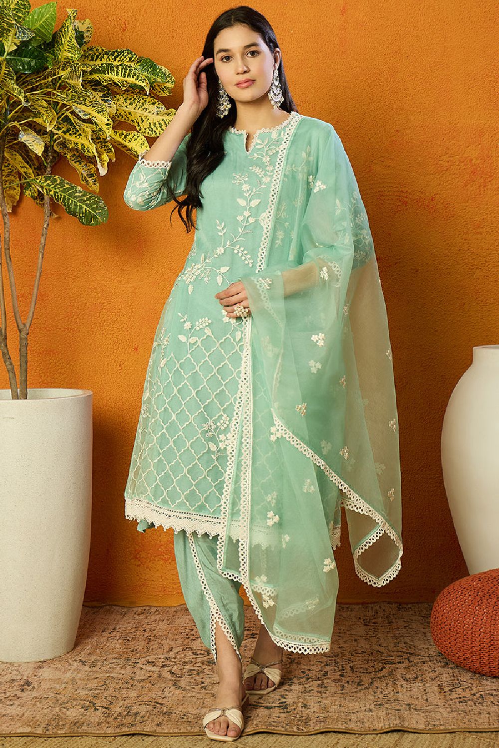 Sea Green Organza Solid Embroidered A Line Dhoti Style Suit Set