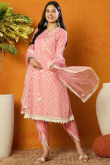 Pink Organza Solid Embroidered A Line Dhoti Style Suit Set