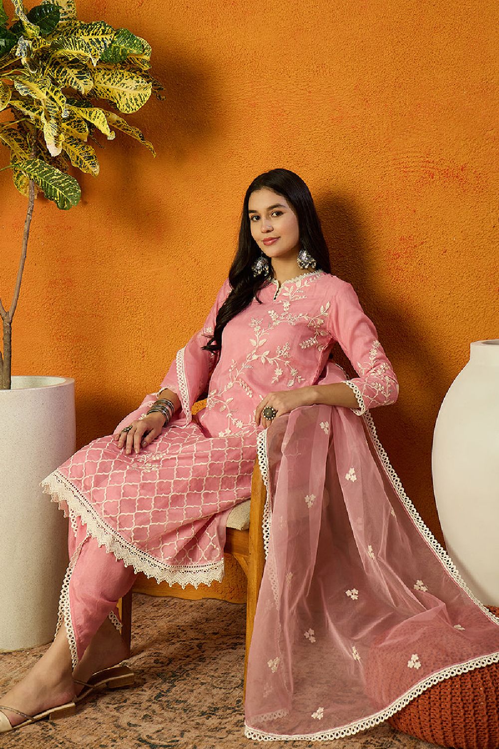 Pink Organza Solid Embroidered A Line Dhoti Style Suit Set