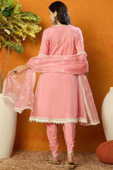 Pink Organza Solid Embroidered A Line Dhoti Style Suit Set