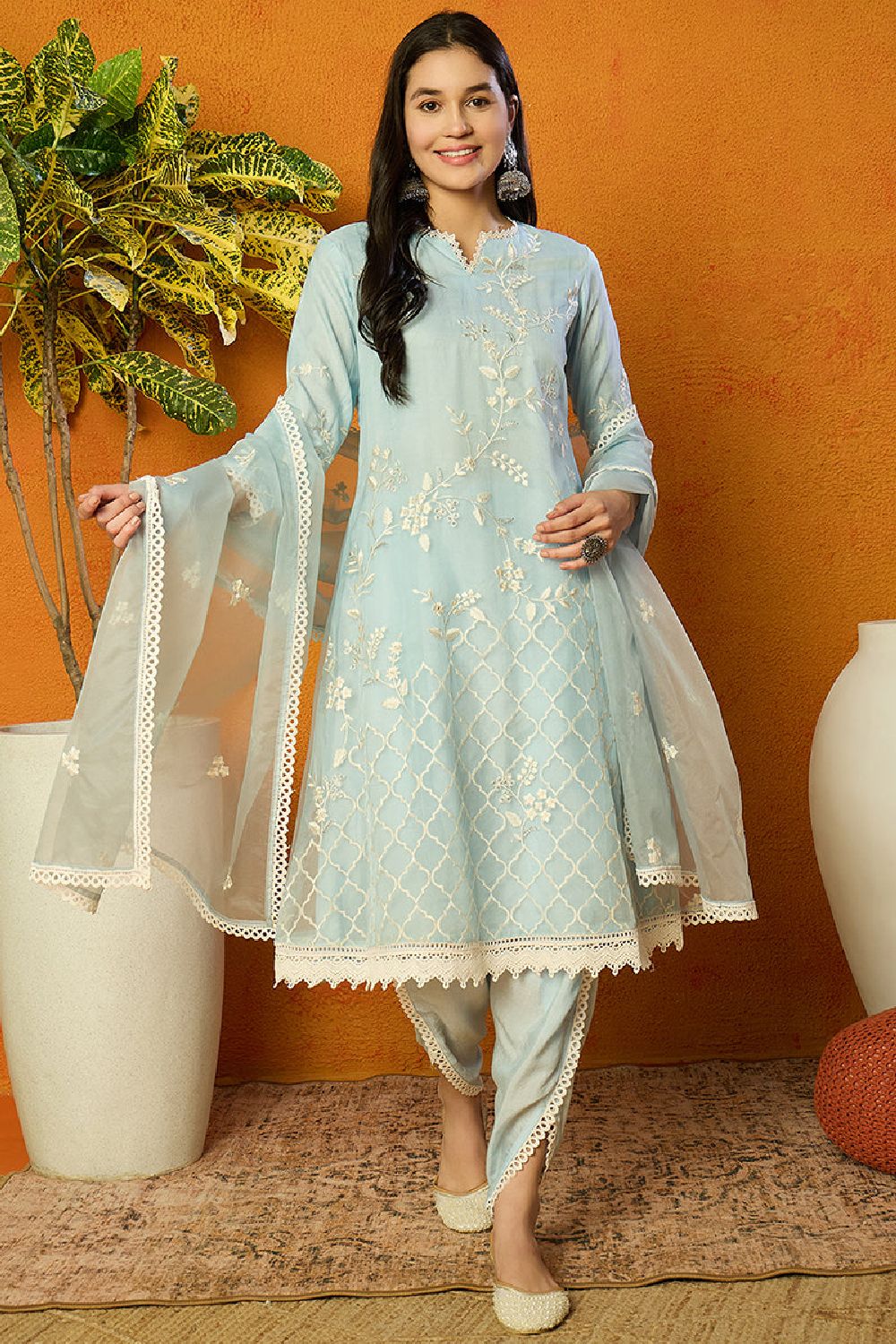 Blue Organza Solid Embroidered A Line Dhoti Style Suit Set