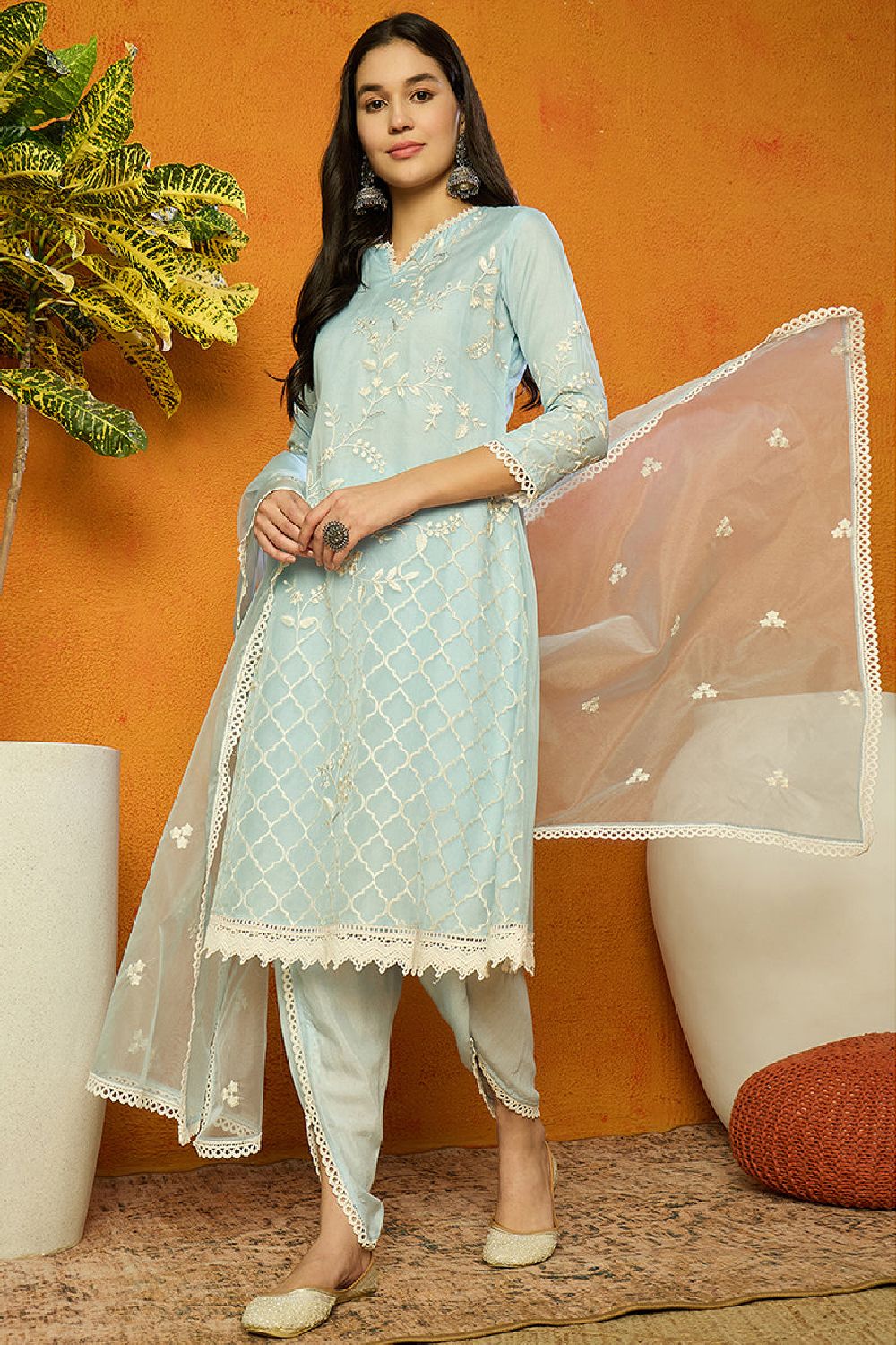 Blue Organza Solid Embroidered A Line Dhoti Style Suit Set