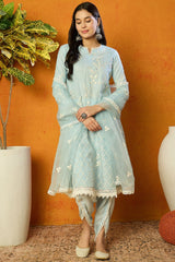 Blue Organza Solid Embroidered A Line Dhoti Style Suit Set