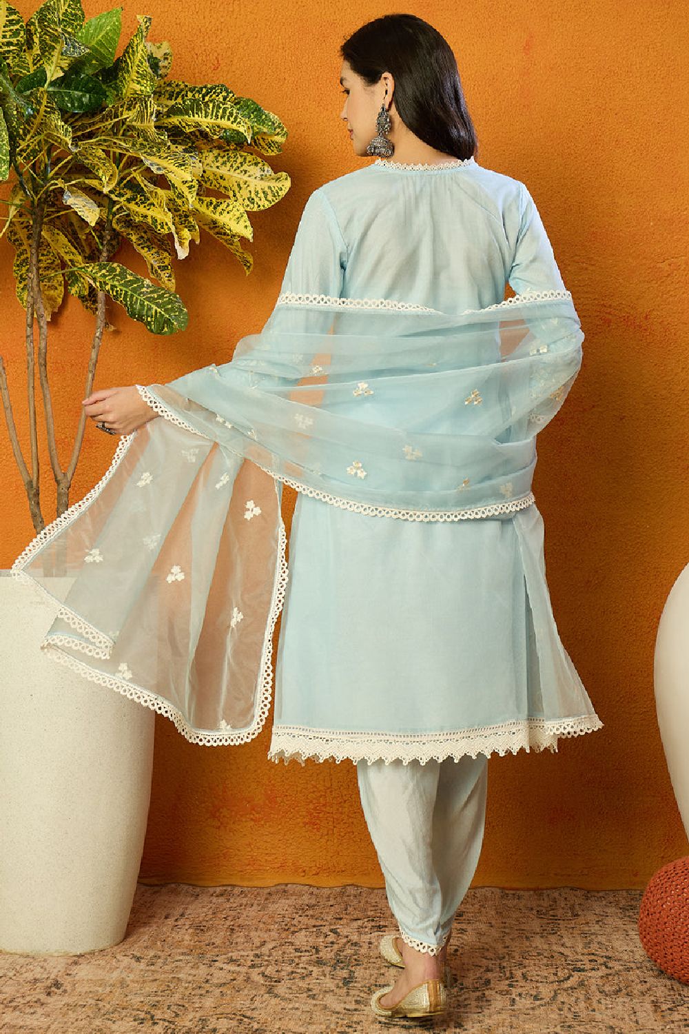 Blue Organza Solid Embroidered A Line Dhoti Style Suit Set