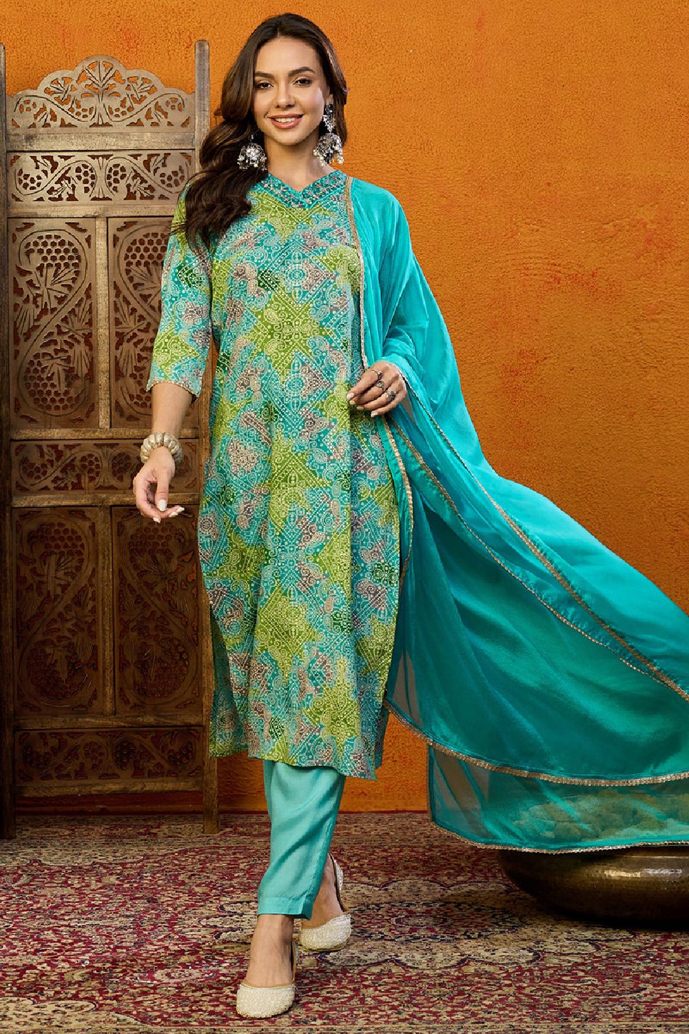 Blue Cotton Blend Bandhani Printed Straight Suit Set