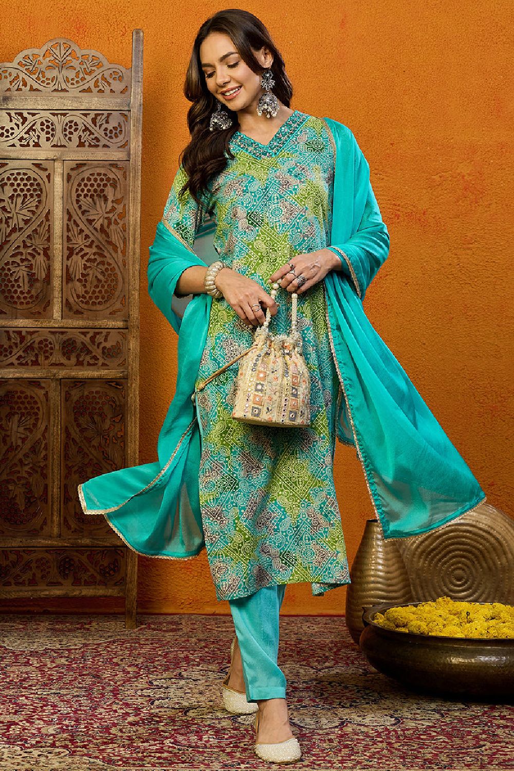 Blue Cotton Blend Bandhani Printed Straight Suit Set