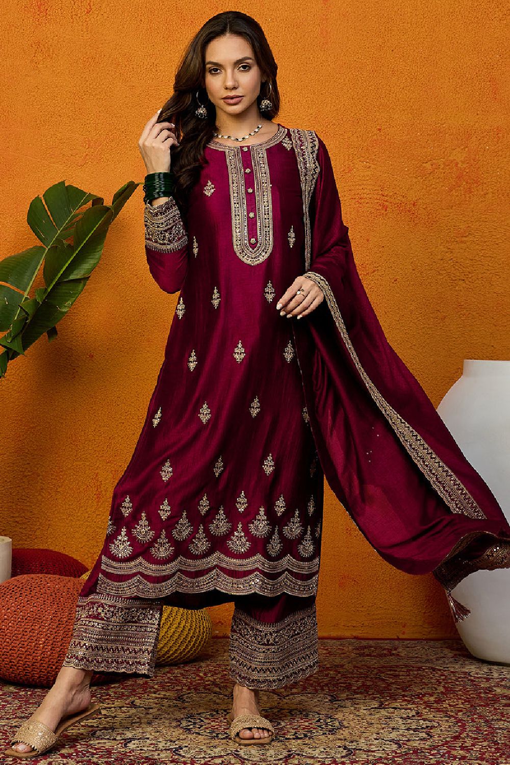 Maroon Silk Blend Solid Embroidered Straight Suit Set