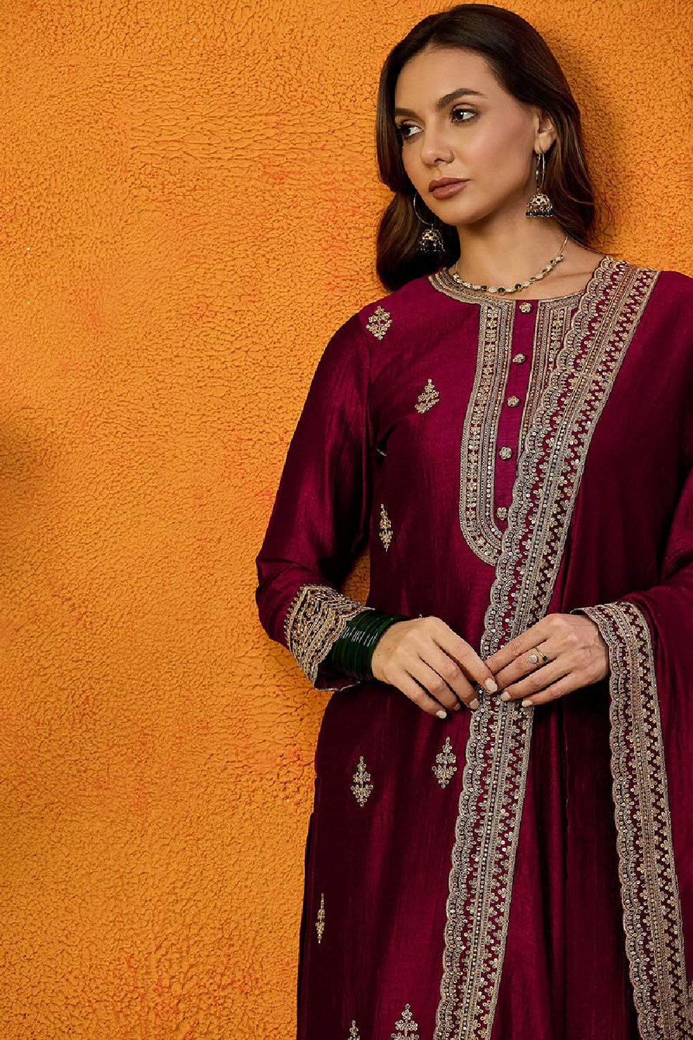 Maroon Silk Blend Solid Embroidered Straight Suit Set