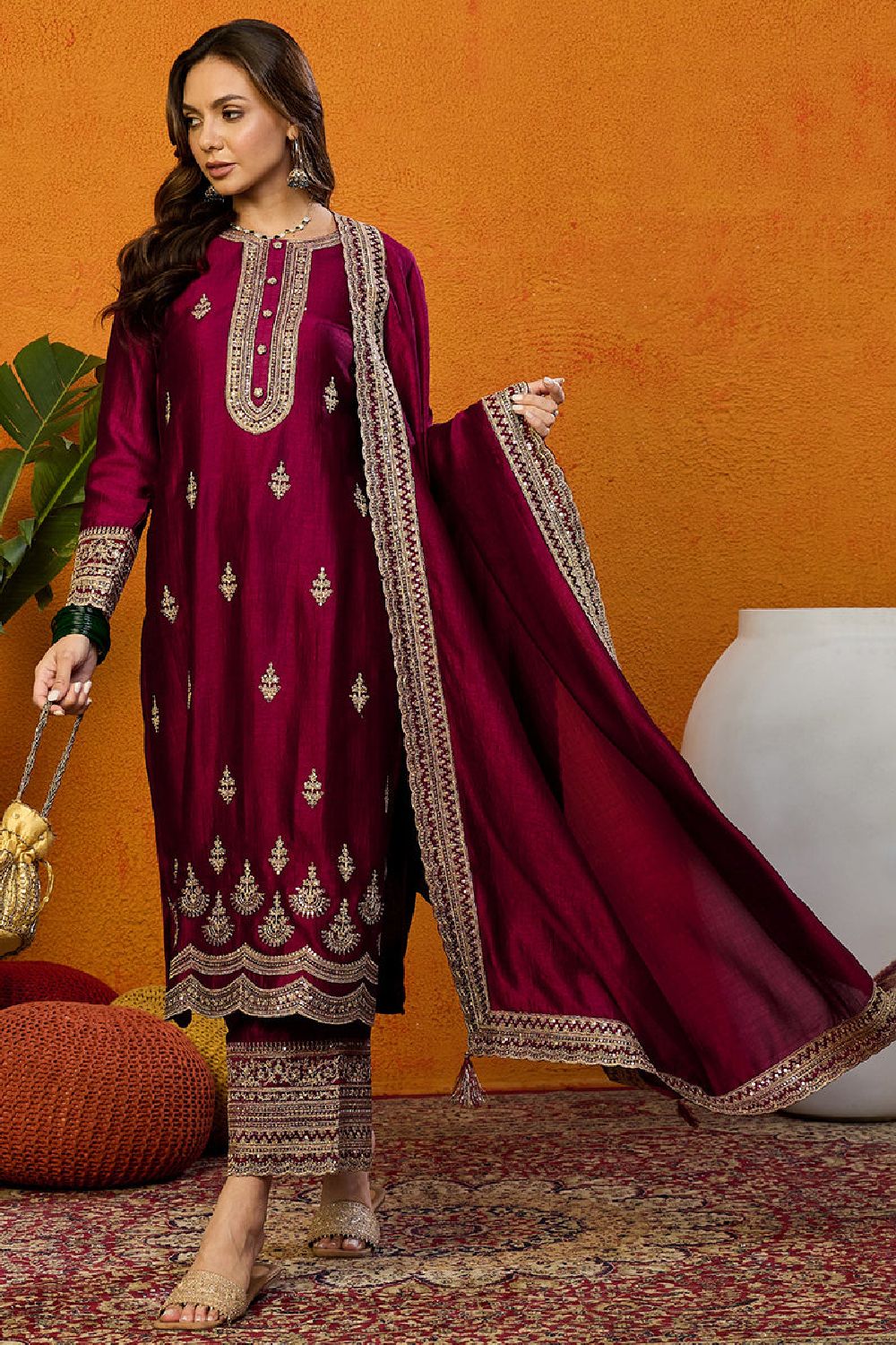 Maroon Silk Blend Solid Embroidered Straight Suit Set