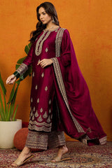 Maroon Silk Blend Solid Embroidered Straight Suit Set