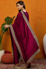 Maroon Silk Blend Solid Embroidered Straight Suit Set