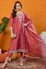 Rust Red Silk Blend Solid Embroidered Straight Suit Set