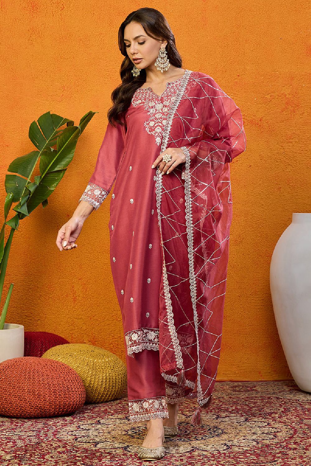 Rust Red Silk Blend Solid Embroidered Straight Suit Set