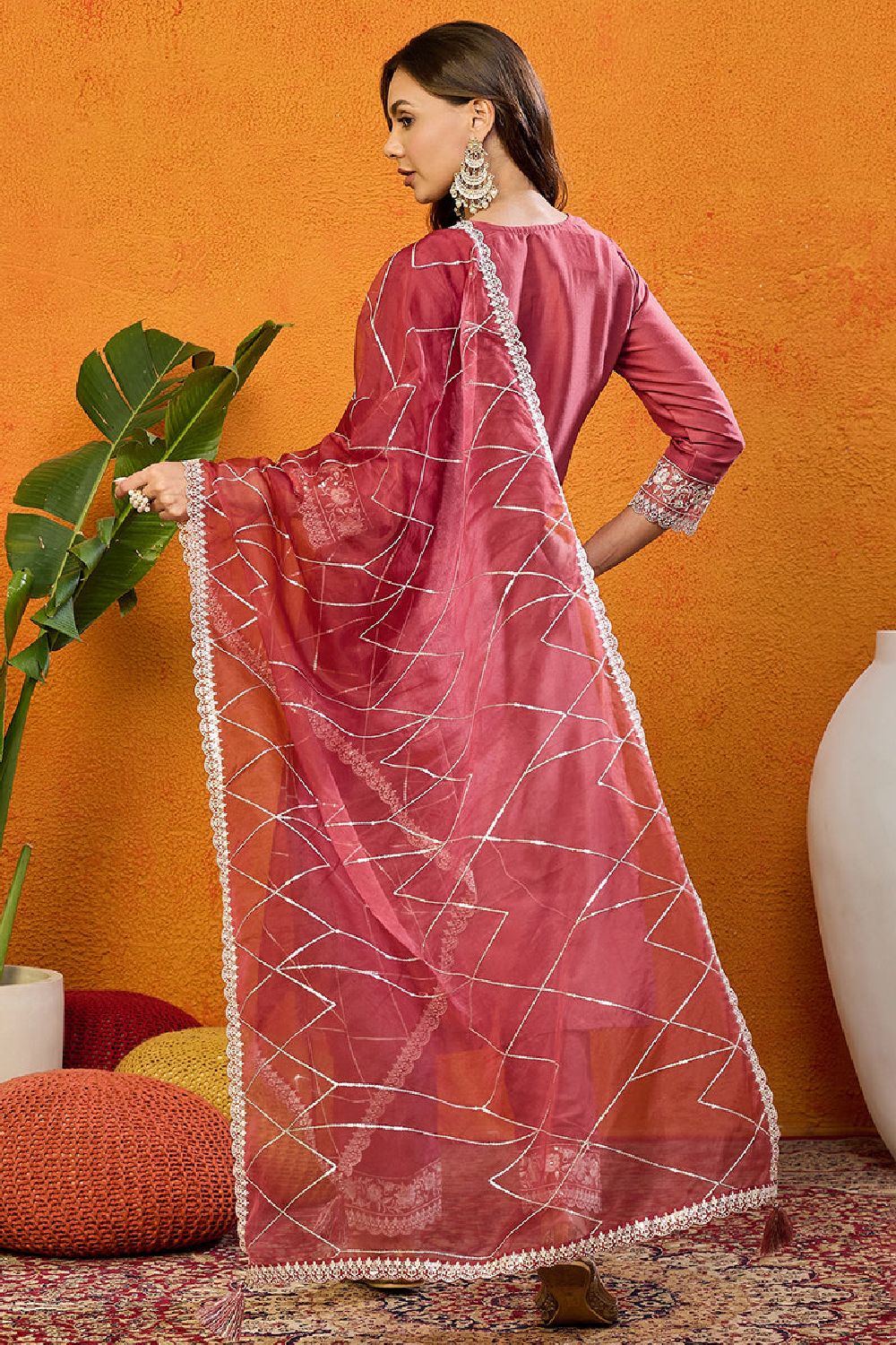 Rust Red Silk Blend Solid Embroidered Straight Suit Set