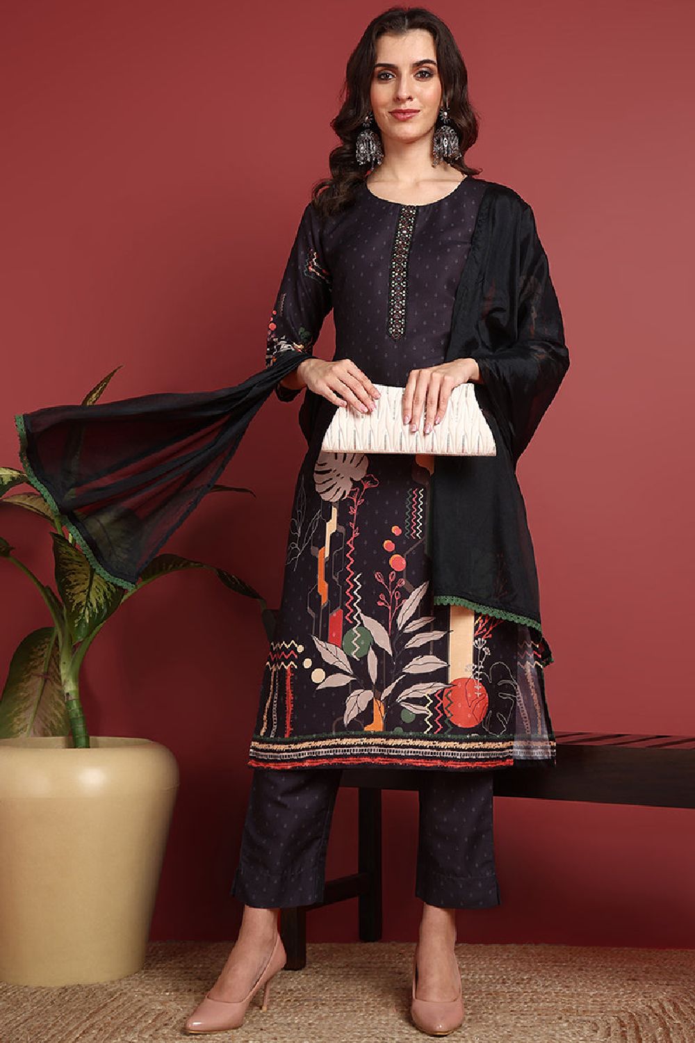 Black Silk Blend Abstract Printed Straight Suit Set