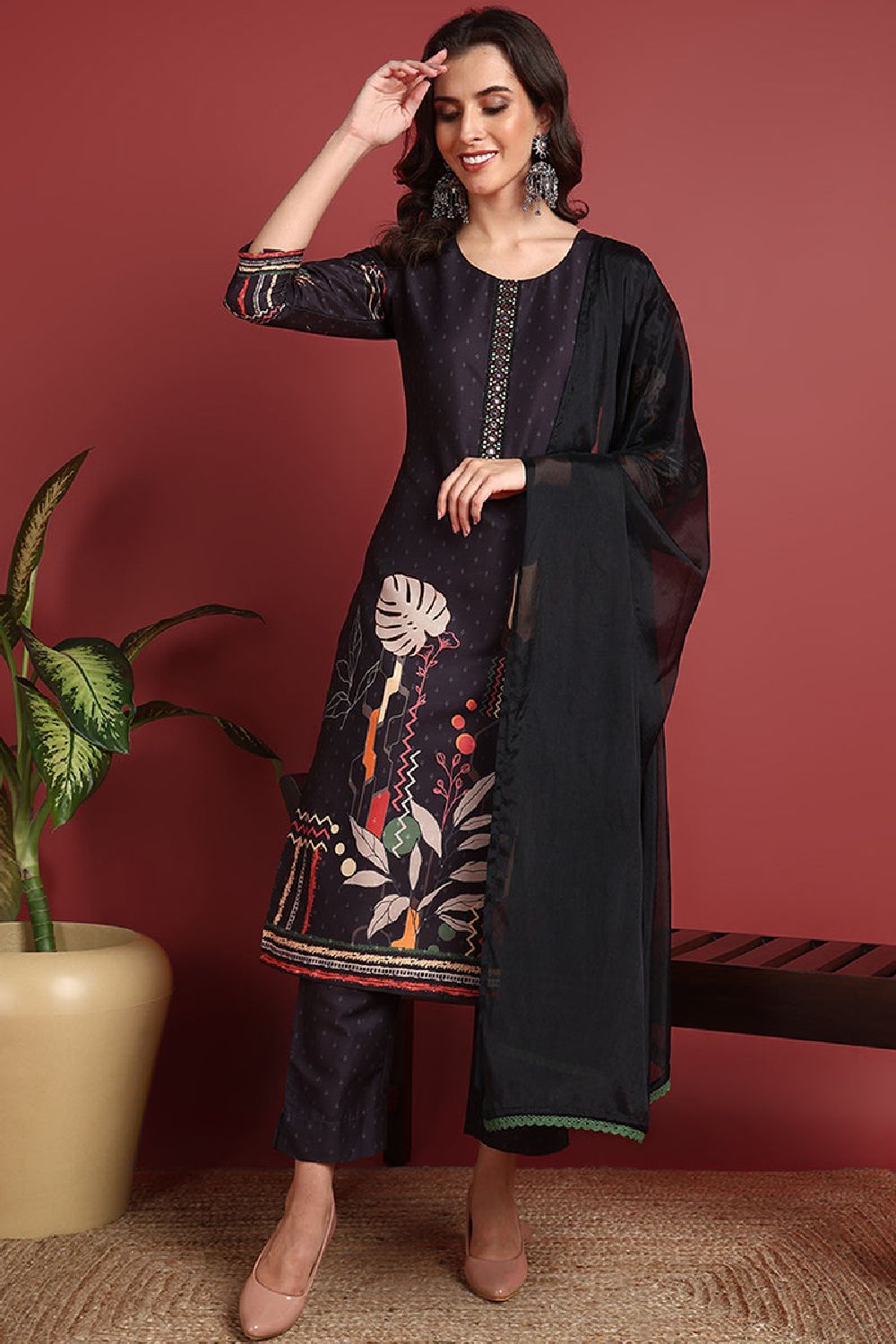 Black Silk Blend Abstract Printed Straight Suit Set