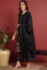 Black Silk Blend Abstract Printed Straight Suit Set