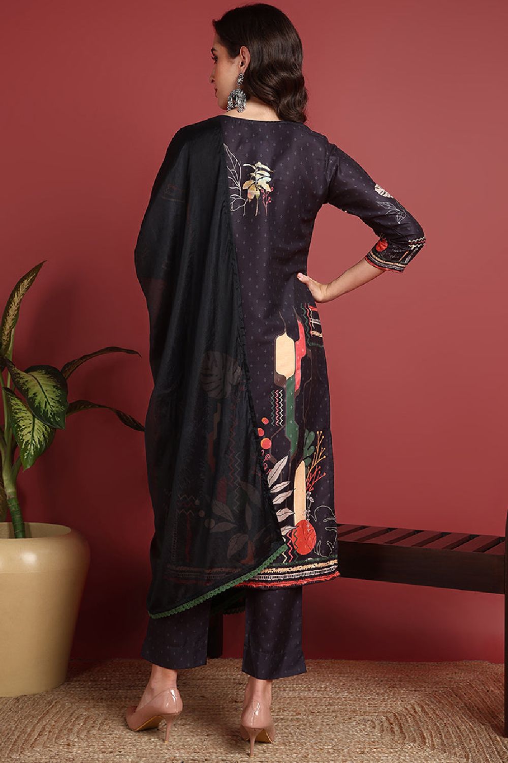 Black Silk Blend Abstract Printed Straight Suit Set