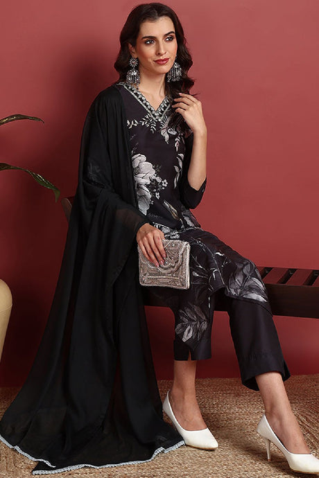 Black Silk Blend Floral Printed Straight Suit Set