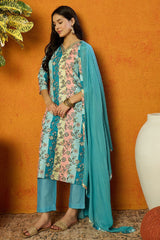 Multi Color Cotton Blend Floral Printed Straight Suit Set