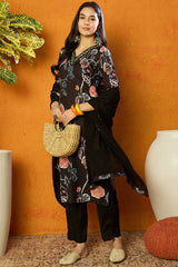 Black Cotton Blend Floral Printed Straight Suit Set