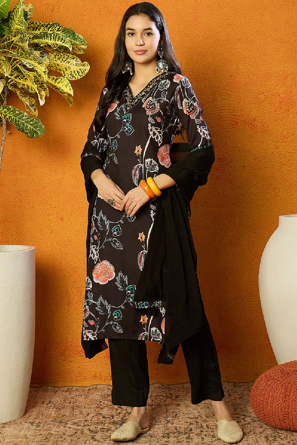 Black Cotton Blend Floral Printed Straight Suit Set