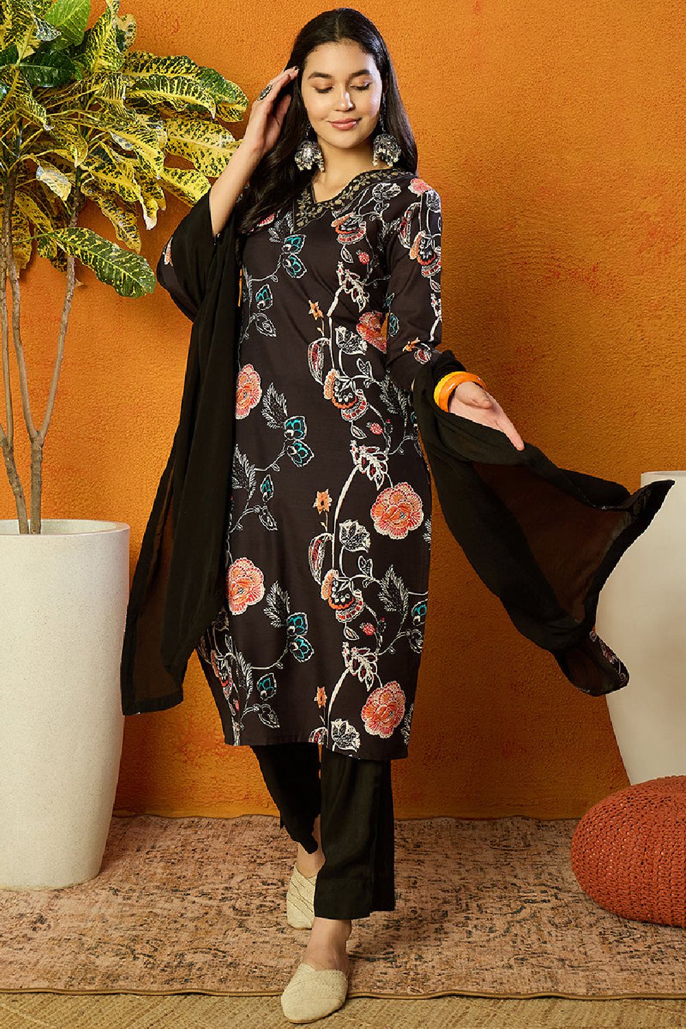 Black Cotton Blend Floral Printed Straight Suit Set