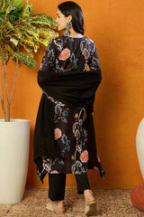 Black Cotton Blend Floral Printed Straight Suit Set