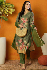 Olive Cotton Blend Floral Printed Straight Suit Set