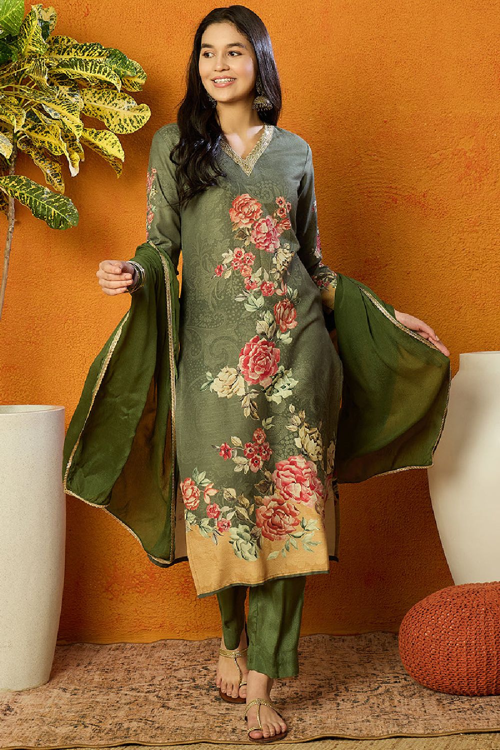 Olive Cotton Blend Floral Printed Straight Suit Set