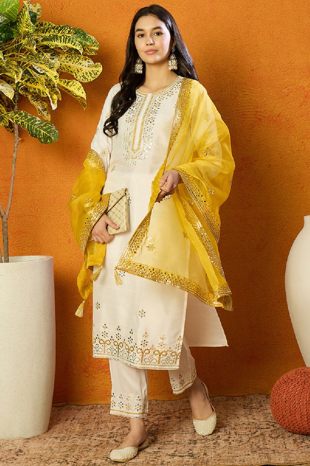 White Silk Blend Solid Embroidered Straight Suit Set