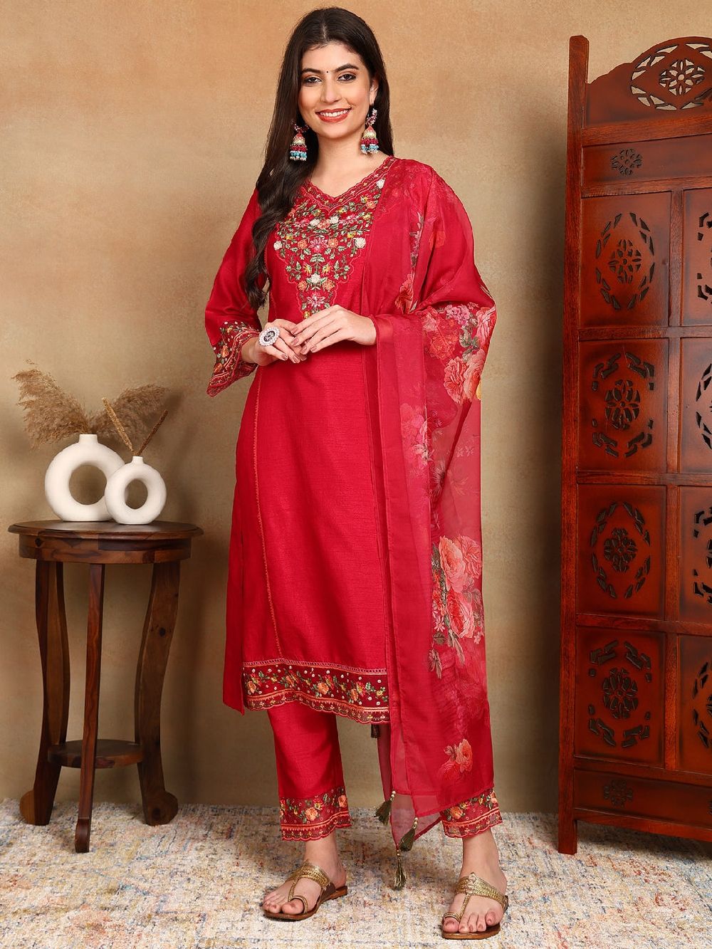 Rani Pink Silk Blend Solid Embroidered Straight Kurta Trouser With Dupatta