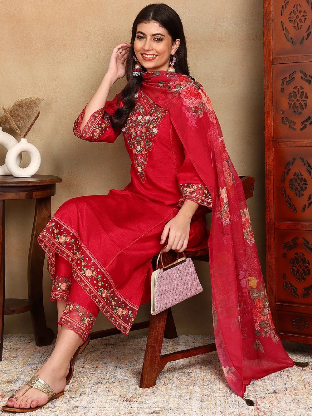 Rani Pink Silk Blend Solid Embroidered Straight Kurti Pant With Dupatta