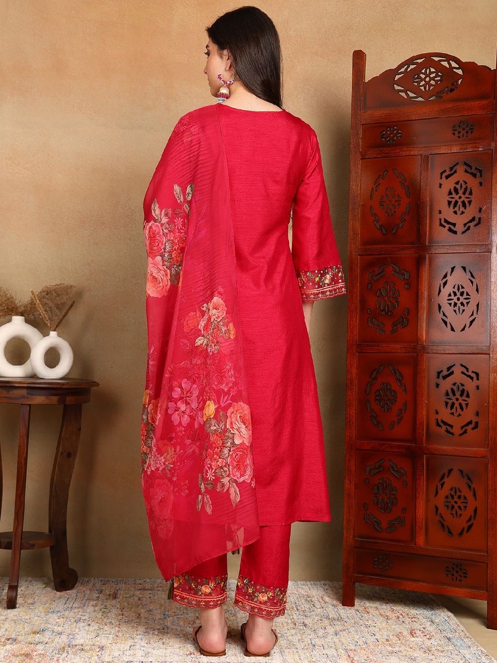 Rani Pink Silk Blend Solid Embroidered Straight Kurti Pant With Dupatta