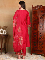 Rani Pink Silk Blend Solid Embroidered Straight Kurti Pant With Dupatta