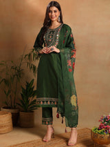 Green Silk Blend Solid Embroidered Straight Kurta Trousers With Dupatta