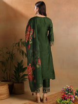 Green Silk Blend Solid Embroidered Straight Kurti Pants With Dupatta