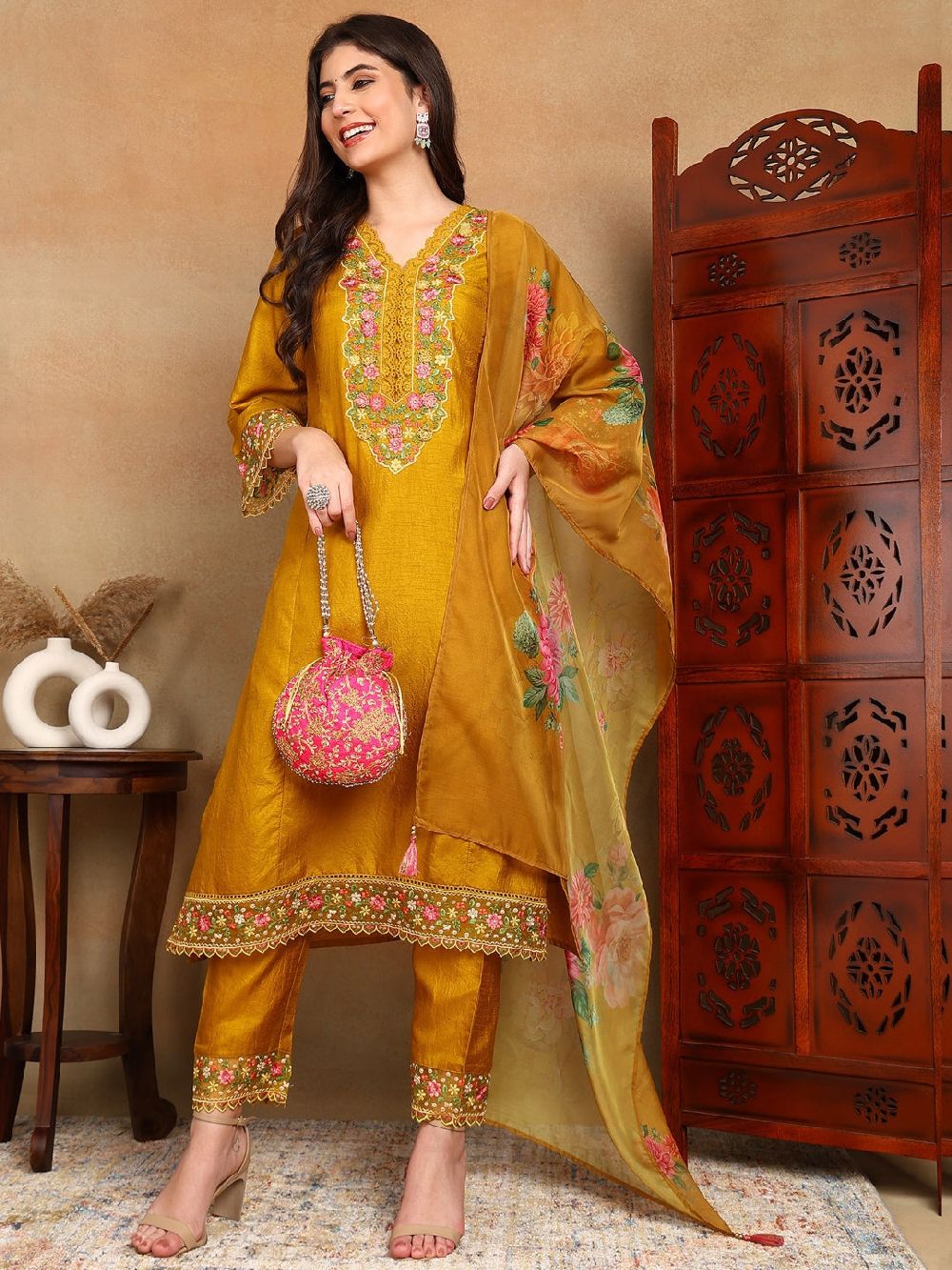 Mustard Silk Blend Solid Embroidered Straight Kurti Pant With Dupatta