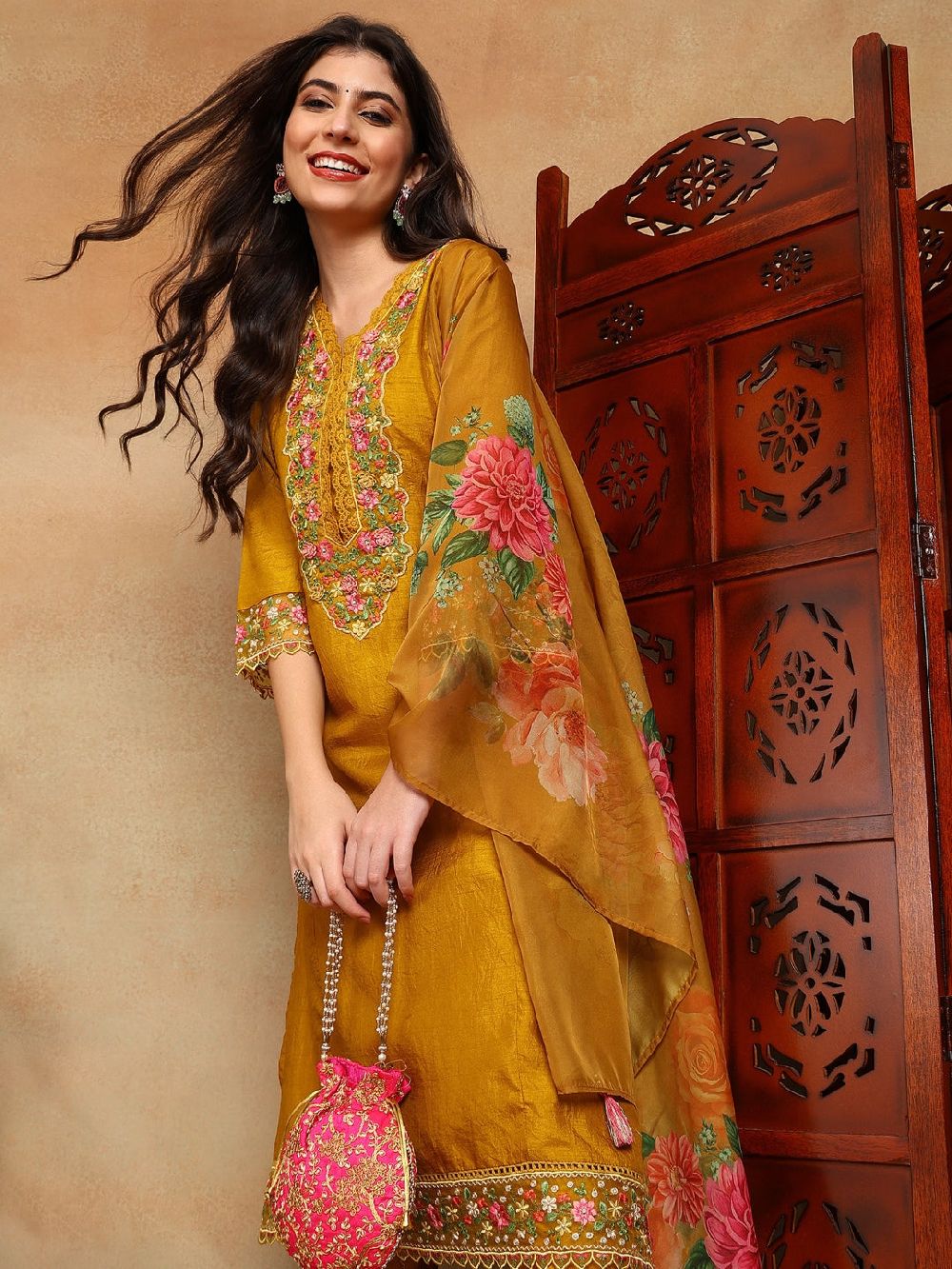 Mustard Silk Blend Solid Embroidered Straight Kurta Trouser With Dupatta