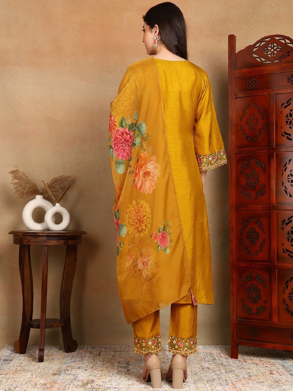 Mustard Silk Blend Solid Embroidered Straight Kurta Trouser With Dupatta