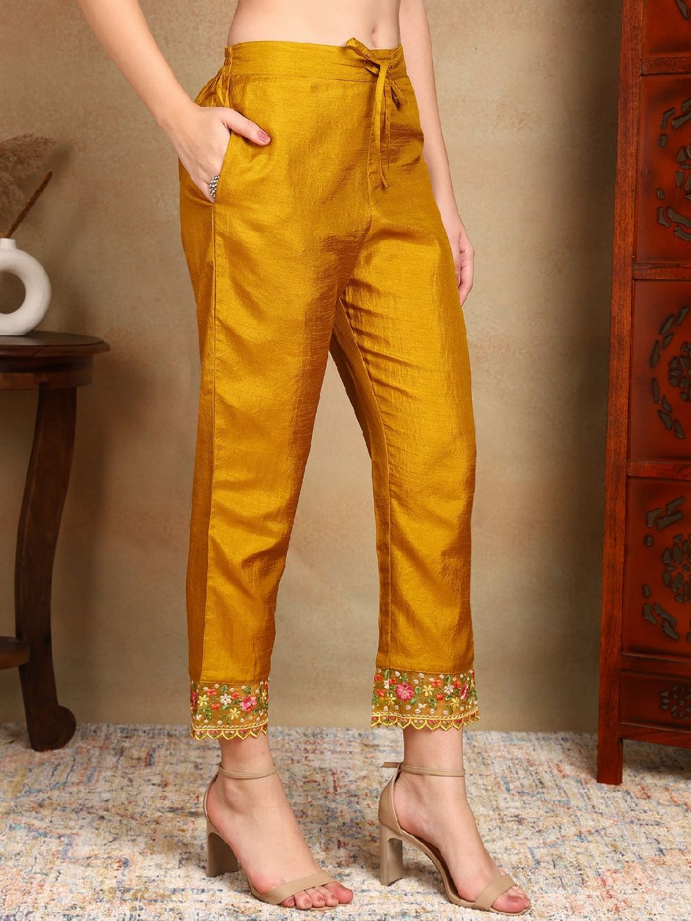 Mustard Silk Blend Solid Embroidered Straight Kurti Pant With Dupatta