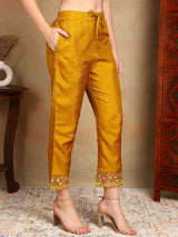 Mustard Silk Blend Solid Embroidered Straight Kurta Trouser With Dupatta