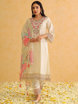 Off White Silk Blend Solid Embroidered Straight Kurti Pant With Dupatta